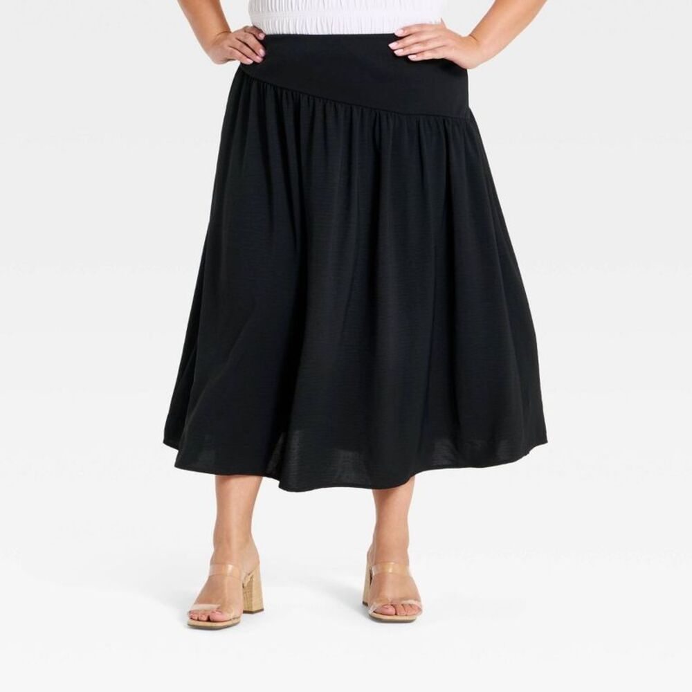Women's Asymmetrical Waist Midi Skirt - A New Day Black 1X